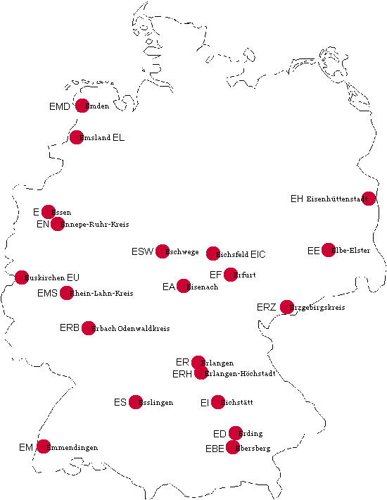 Ansicht Kfz-Kennzeichen Deutschlands mit E